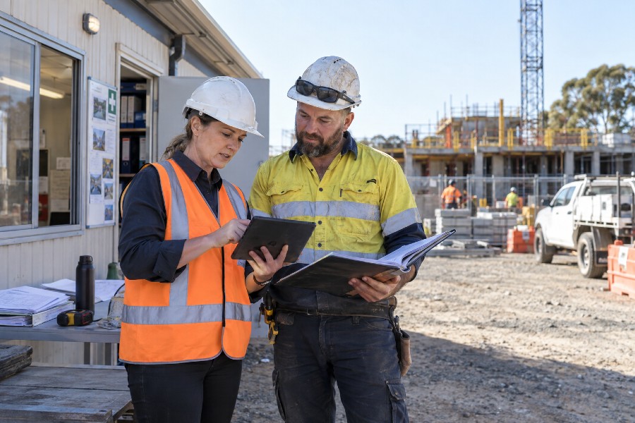 ISO 45001 consultant reviewing safety systems with NSW construction business owner